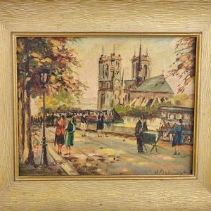 H.Clairmont Oil Painting of Paris Left Bank Street View Near Notre Dame Cathedra